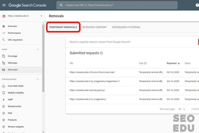 مفهوم Removal در سرچ کنسول + مراحل حذف url 4 نحوه حذف url در removal url
